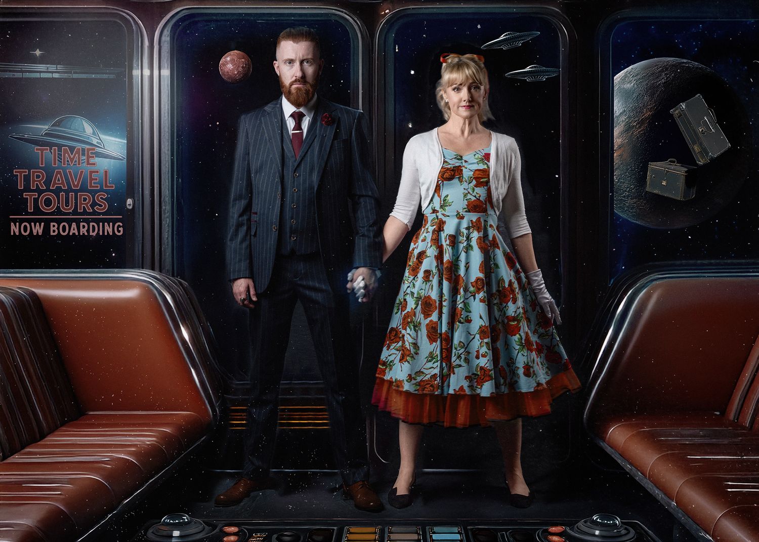 A couple in vintage 1950s attire stands in an old subway car with retro orange seats and dark lighting.