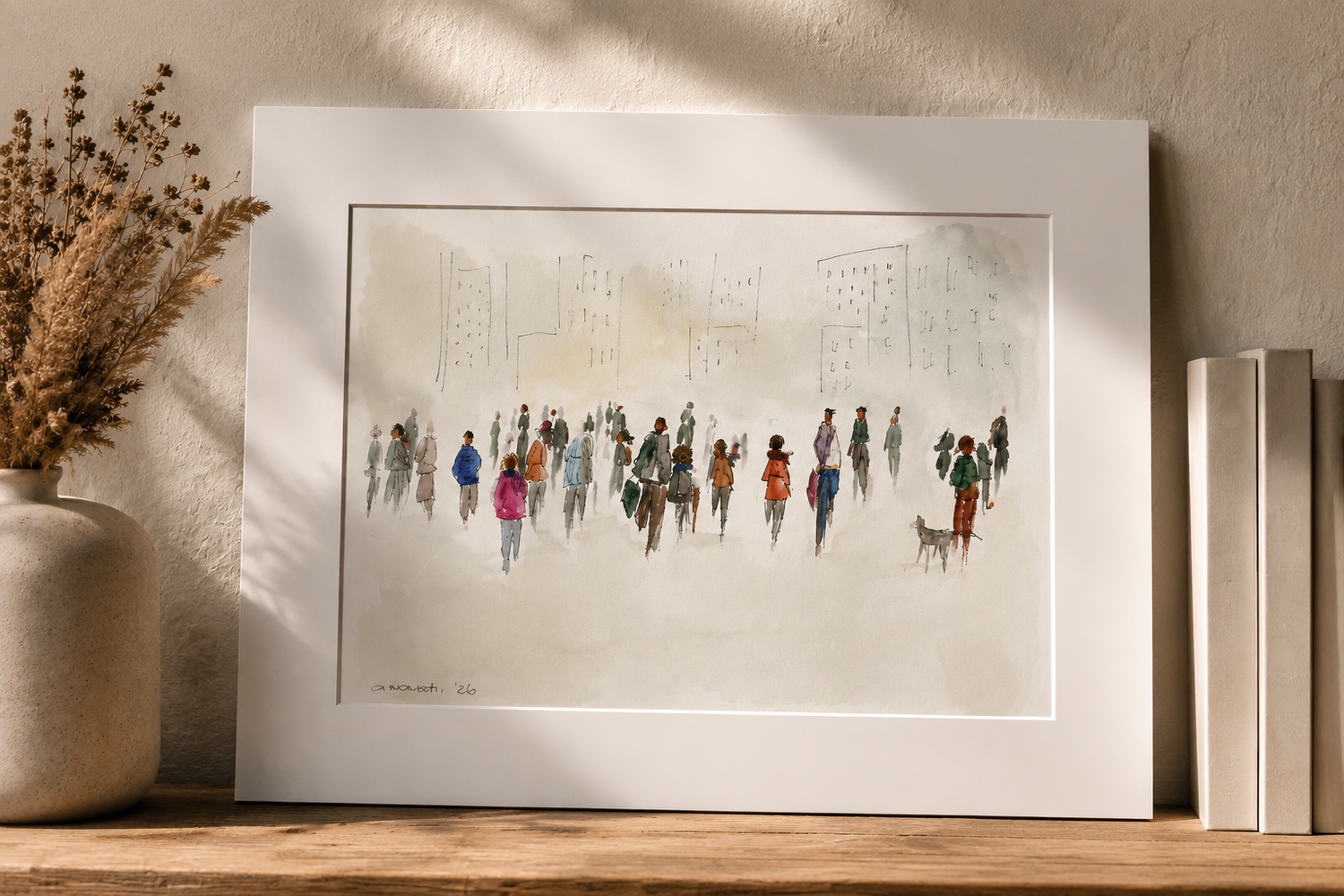 Watercolor painting of a crowd of people with colorful clothing and a dog, displayed in a white frame on a wooden shelf.
