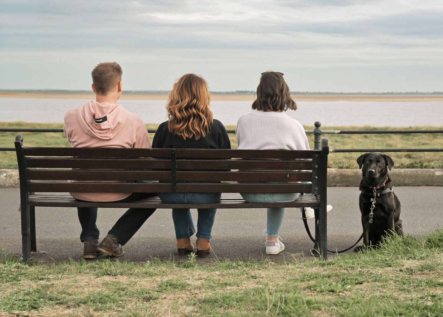 Three people and a black Labrador dog sit on a wooden bench overlooking a calm seaside landscape.