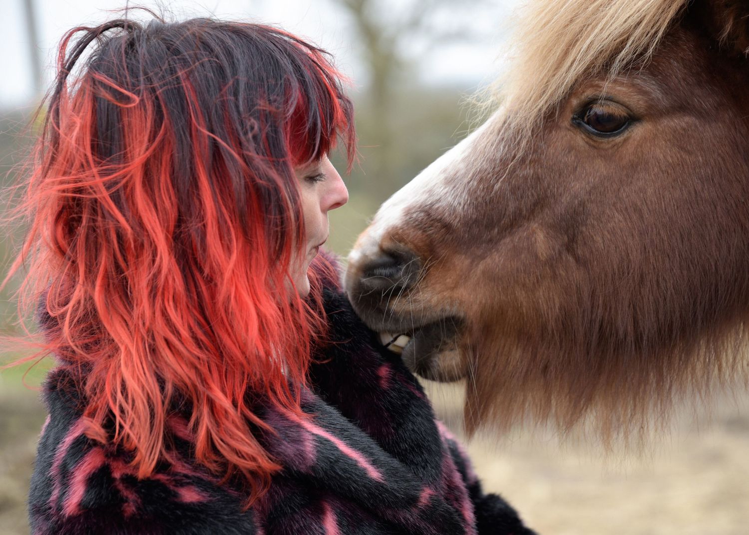 A close-up moment between a horse and someone with vibrant red hair outdoors.