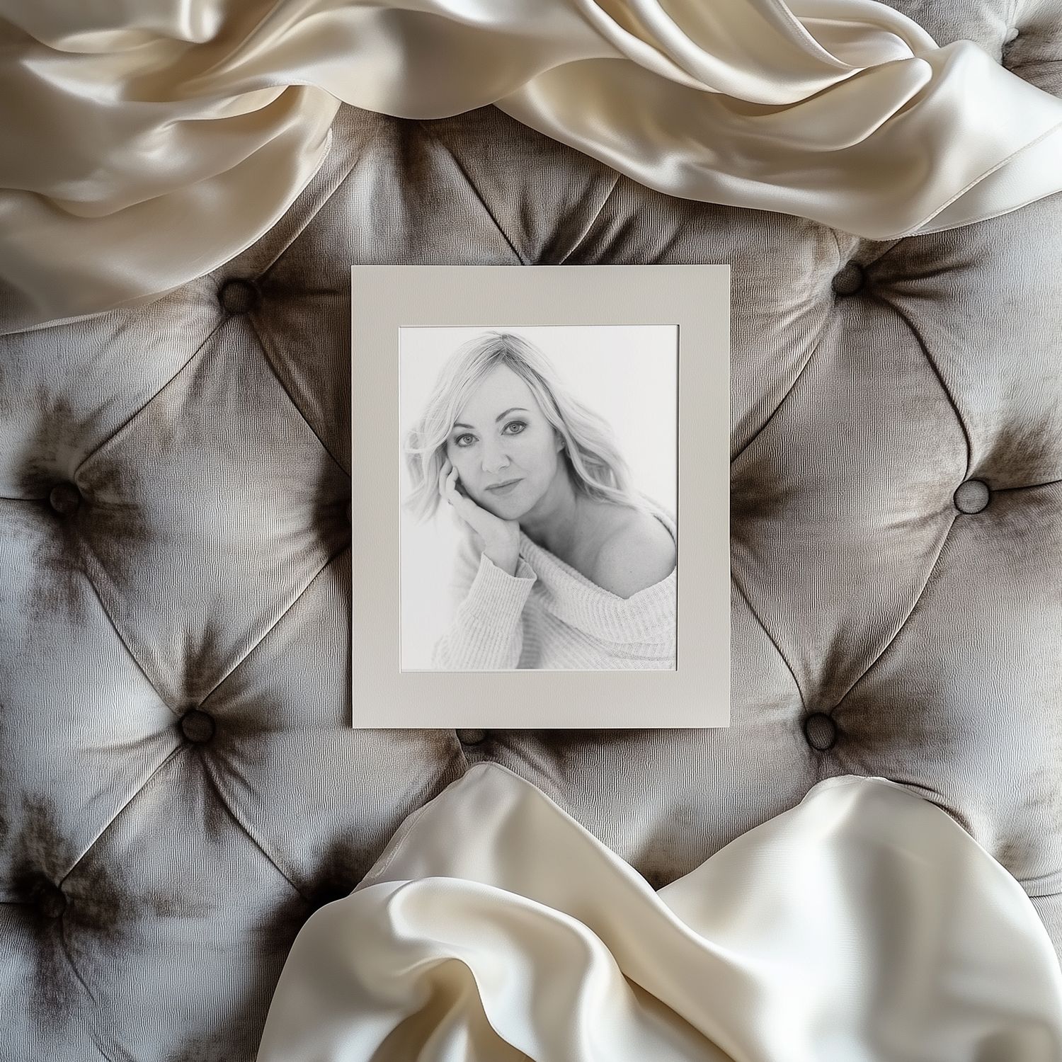 Close-up view of elegant tufted upholstery texture with white fabric and deep button details in gray tones.