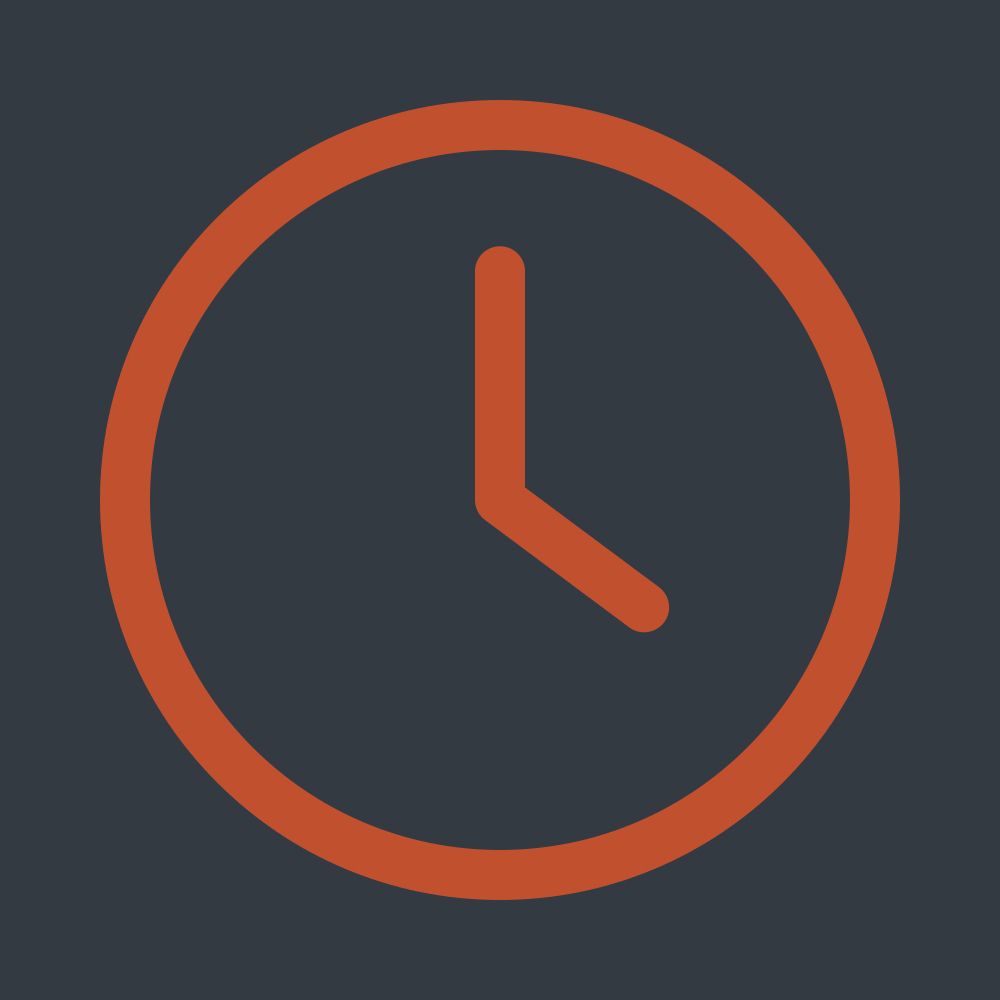 Orange circular clock icon with hour and minute hands showing four o'clock on a dark charcoal background.