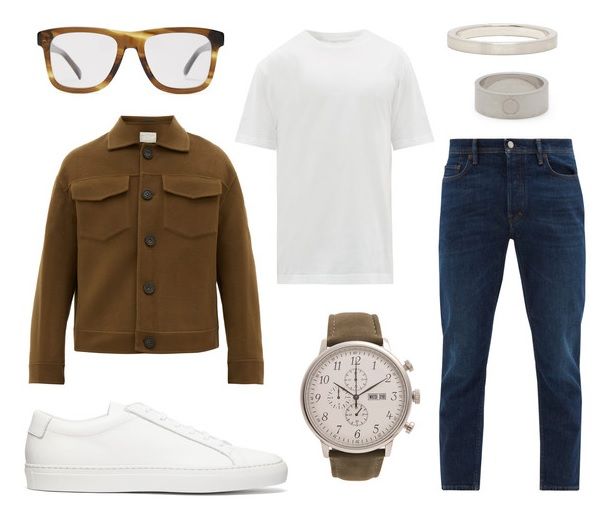 Casual men's fashion outfit layout with brown jacket, white tee, jeans, and accessories on white background.