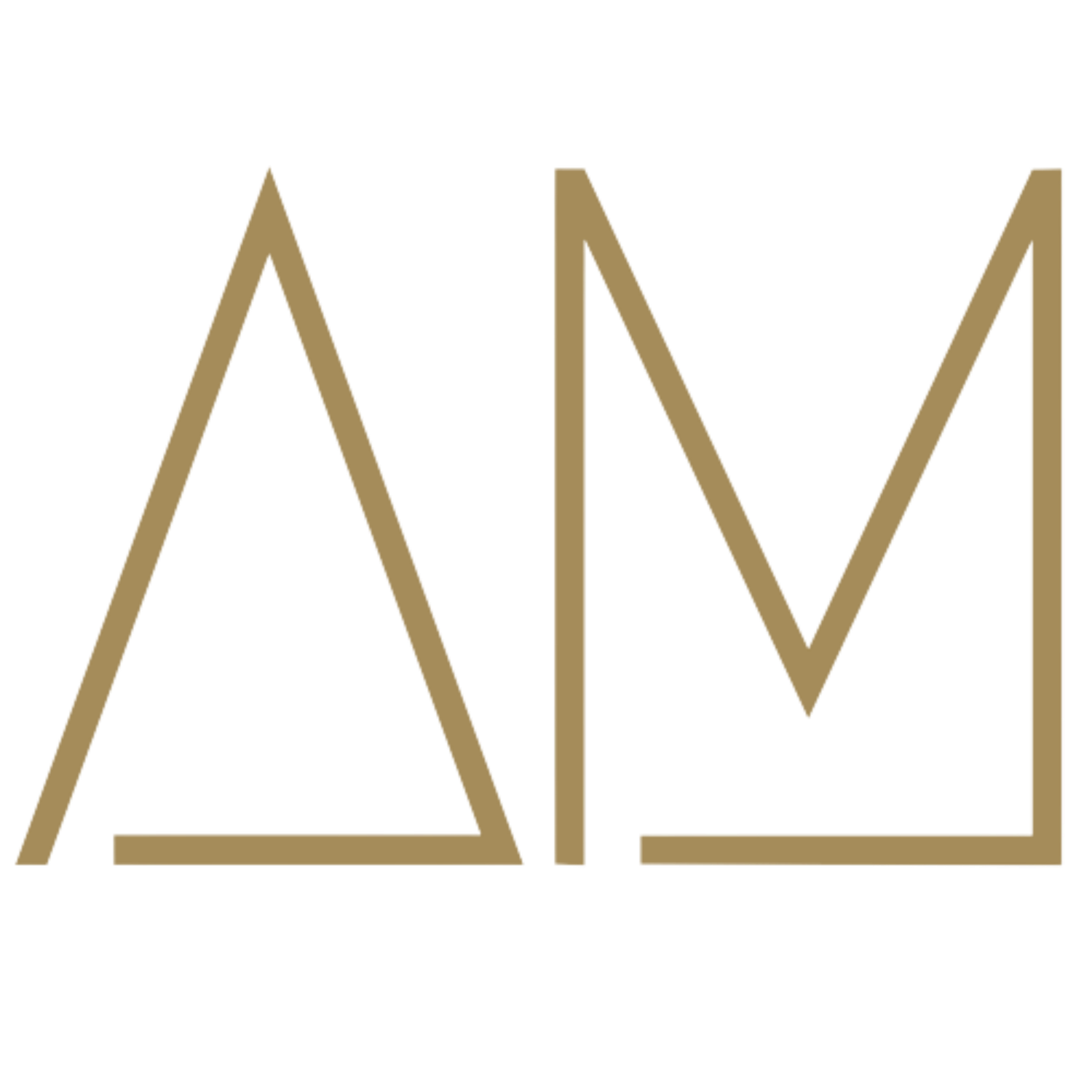 Gold geometric logo featuring a triangle and M letterform on white background.