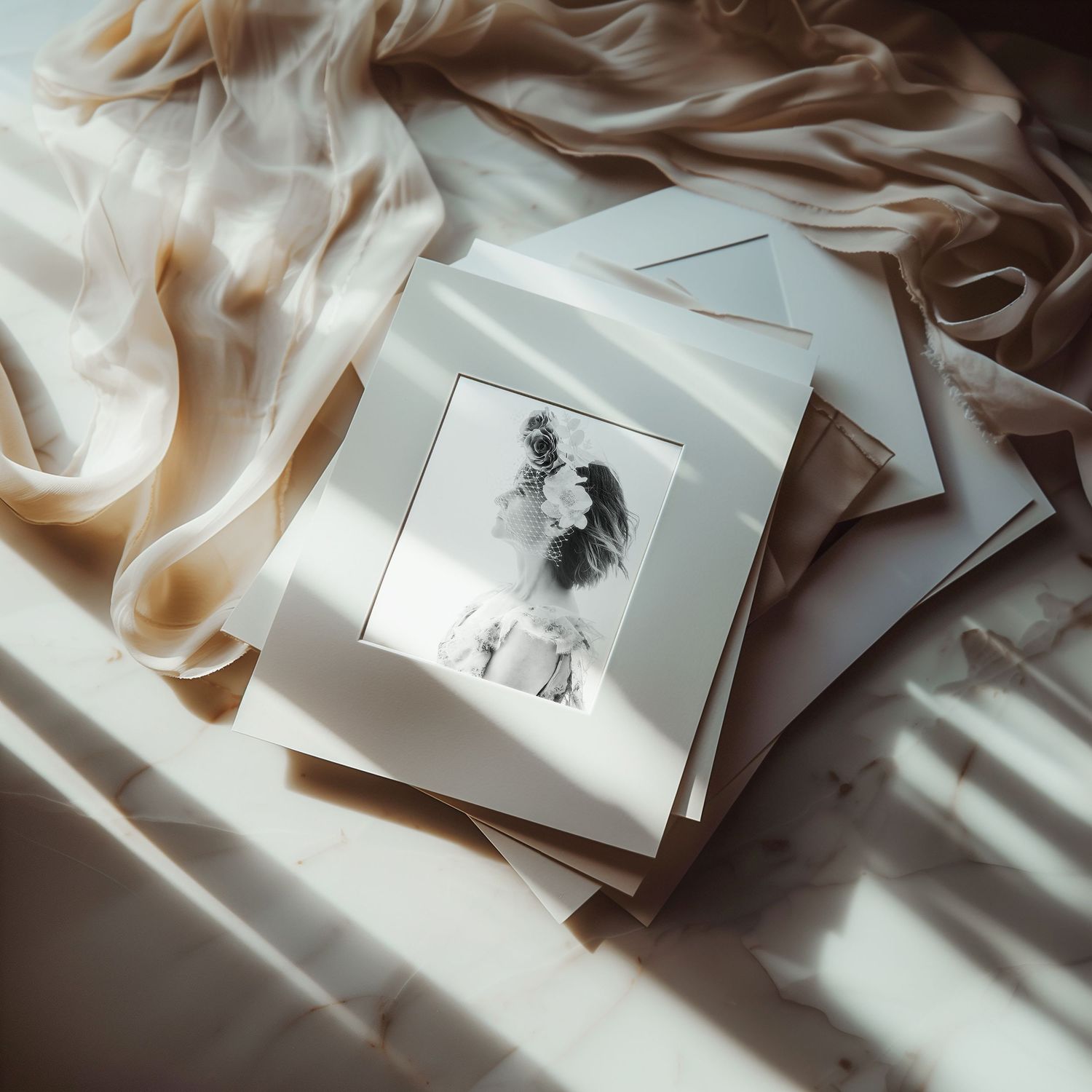 Artistic still life of black and white photographs arranged with flowing fabric in soft lighting.