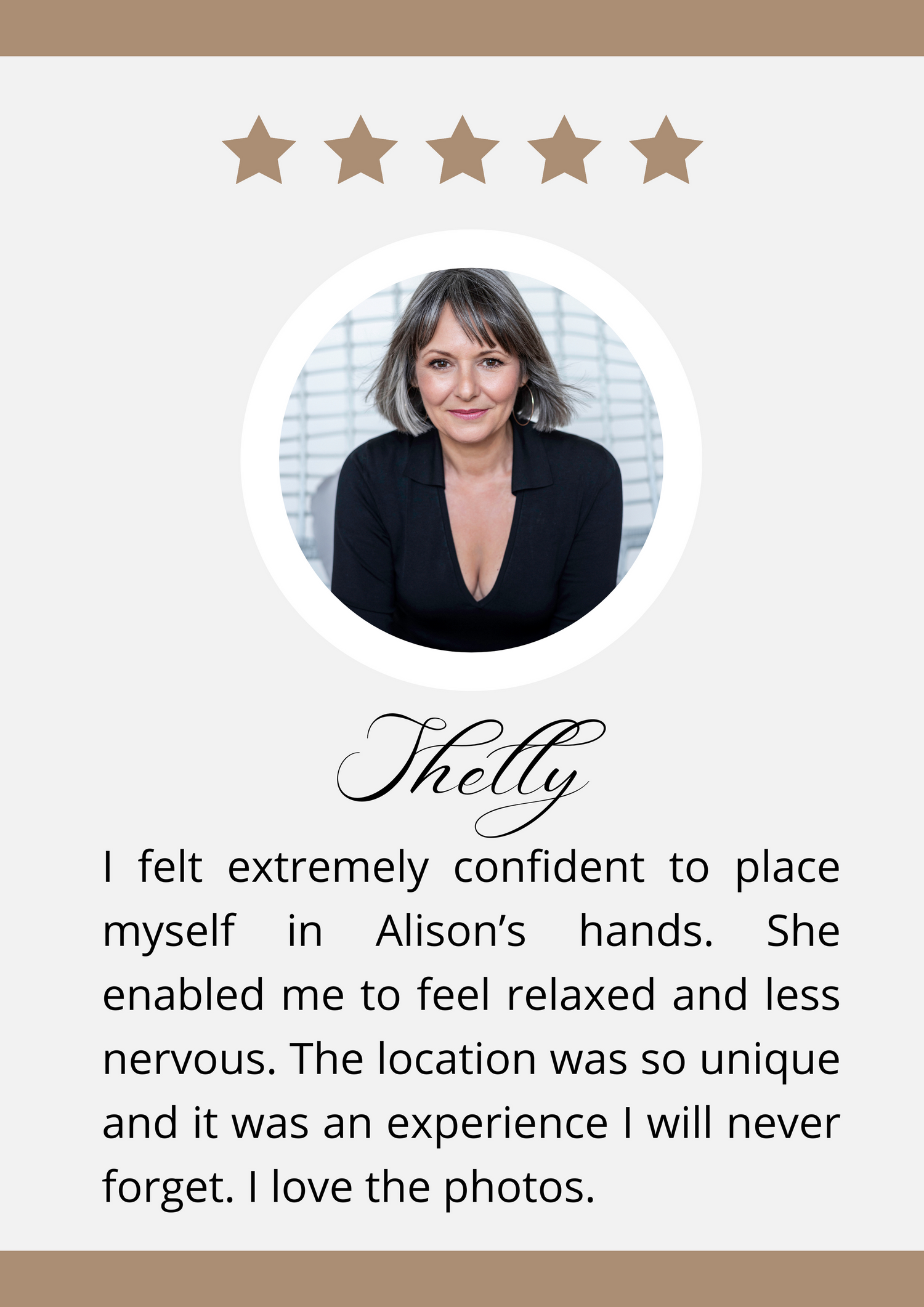 Five star review card featuring elegant black dress portrait and testimonial about confidence.