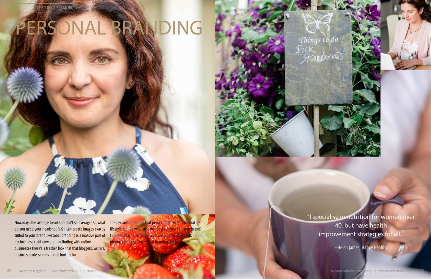 Magazine layout featuring personal branding content with floral accents and a coffee mug.