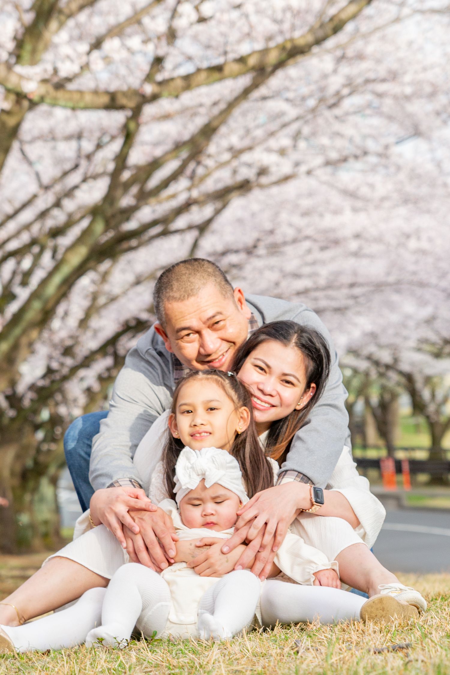 Family lying together on grass under blooming cherry blossom trees in spring.