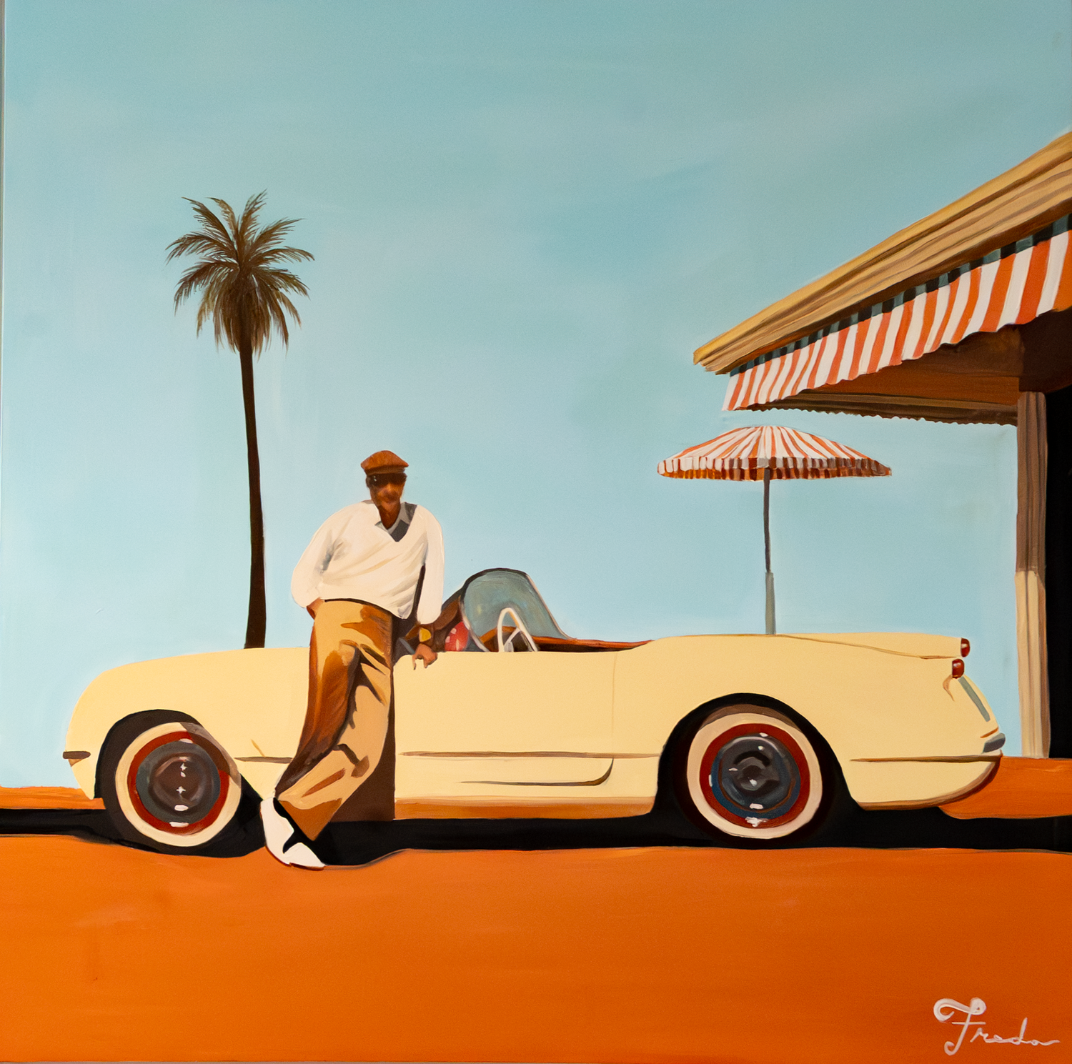 Vintage cream-colored sports car driving along a beachfront road with palm trees silhouetted against a blue sky.