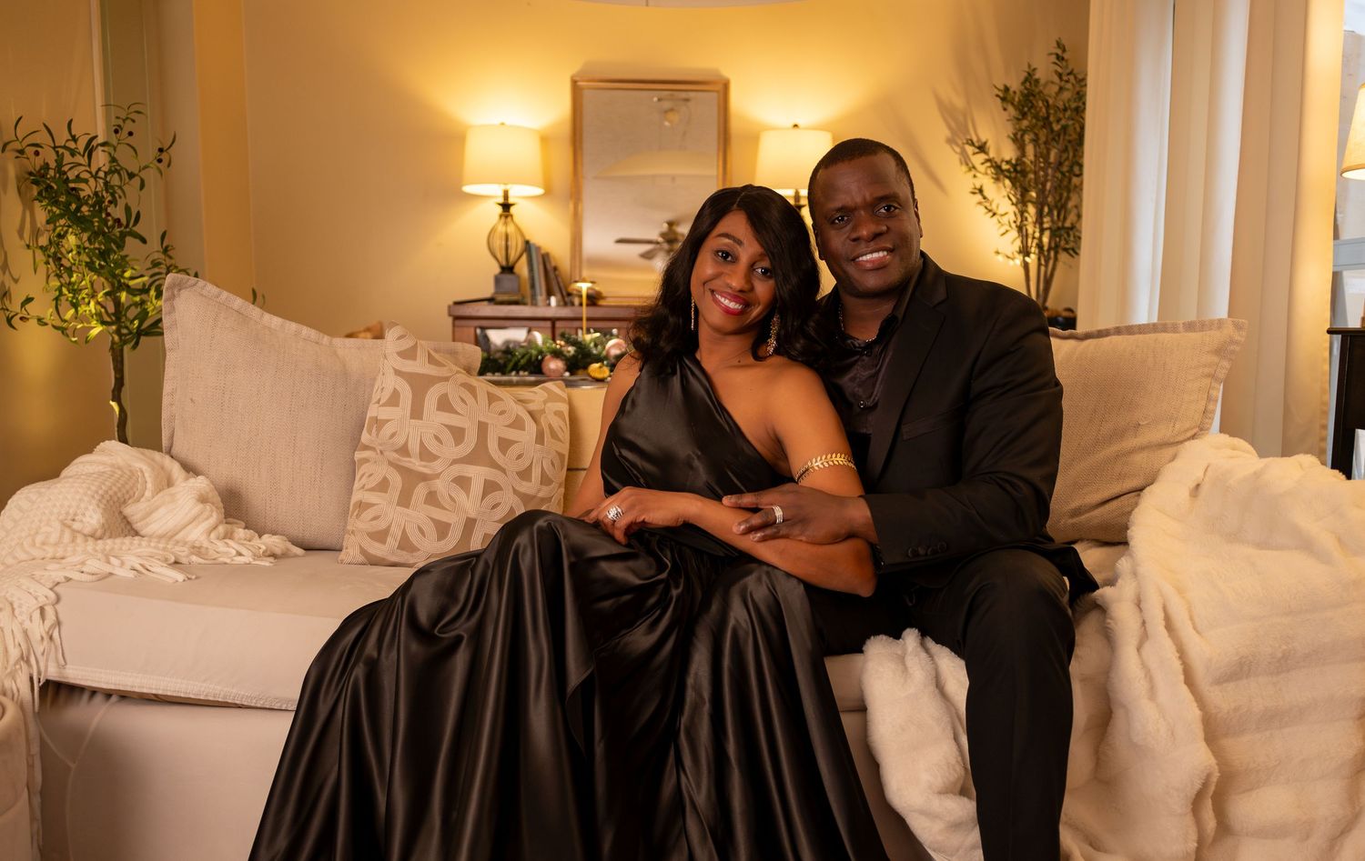 A romantic couple poses together in formal attire across multiple elegant indoor photos with warm lighting.