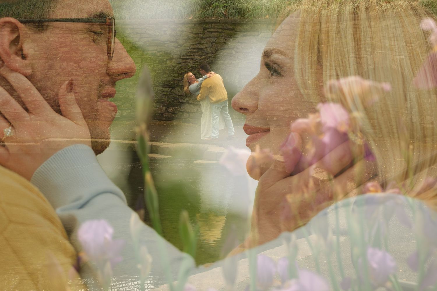Romantic couple sharing a tender moment among blooming flowers in a dreamy double exposure portrait.