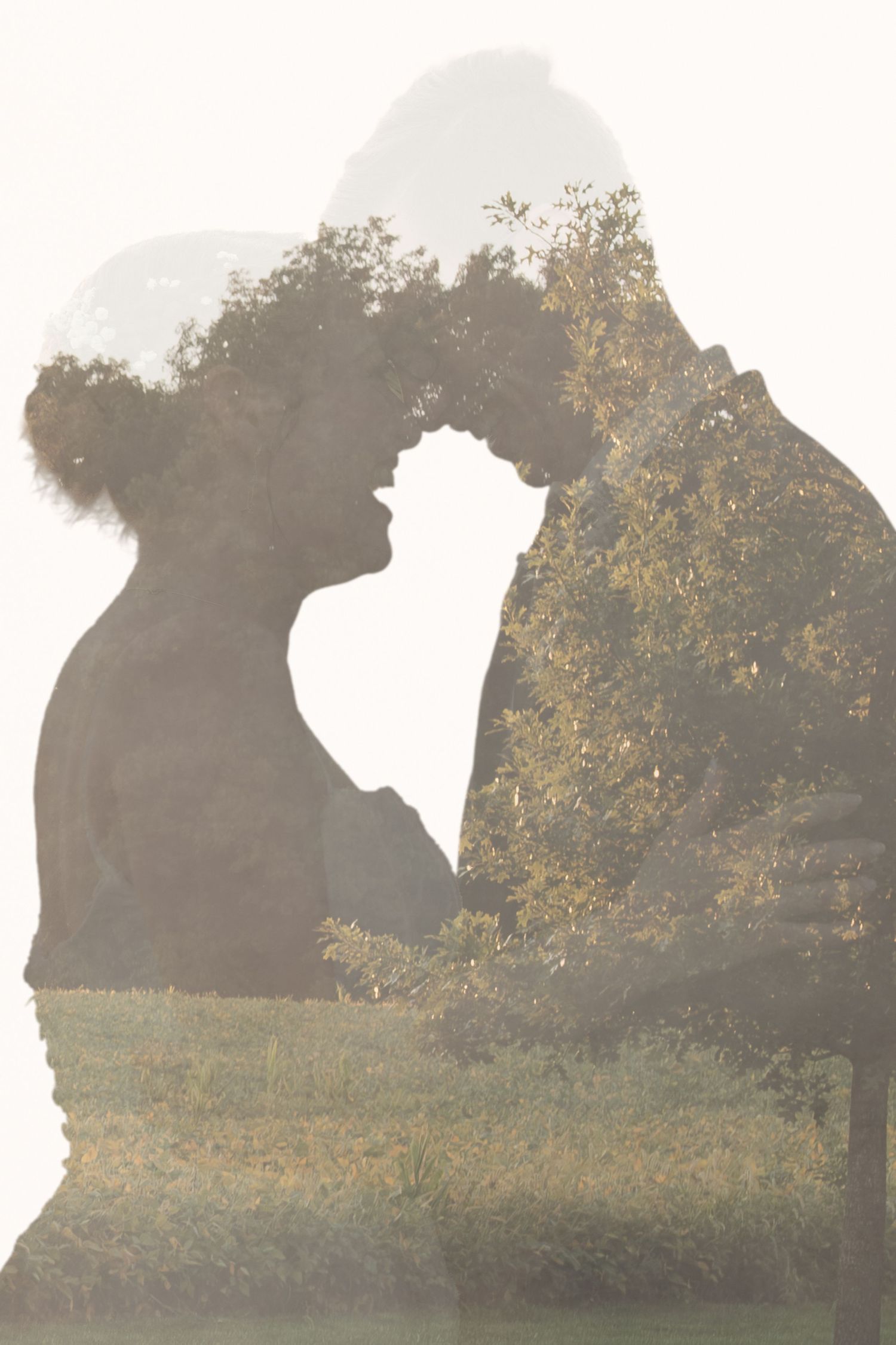 Double exposure silhouette of a couple leaning in for a kiss, blended with sunlit tree branches and a grassy field in soft warm tones.