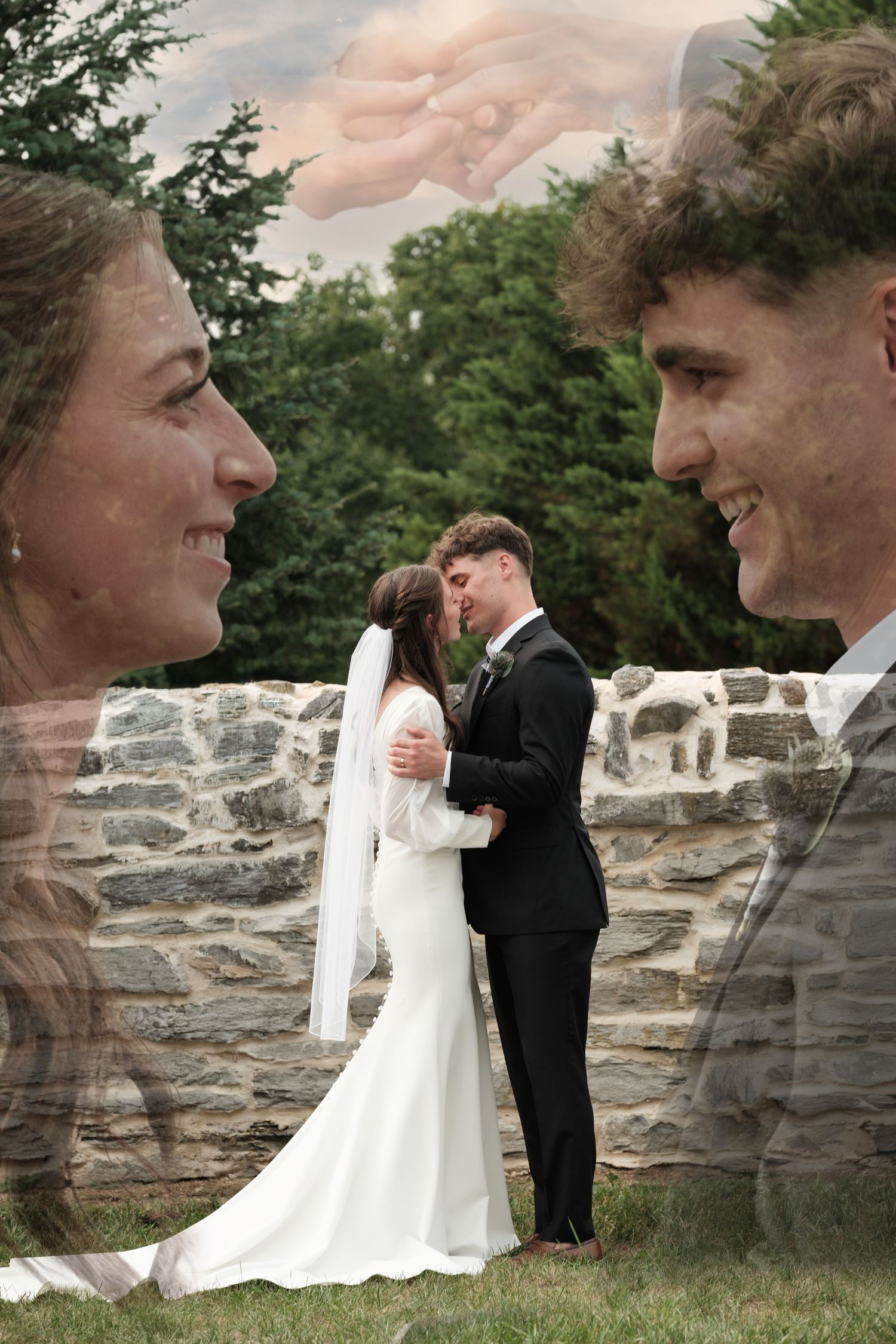 Double exposure wedding photo of bride and groom kissing outdoors, overlaid with close-up portraits of the smiling couple.