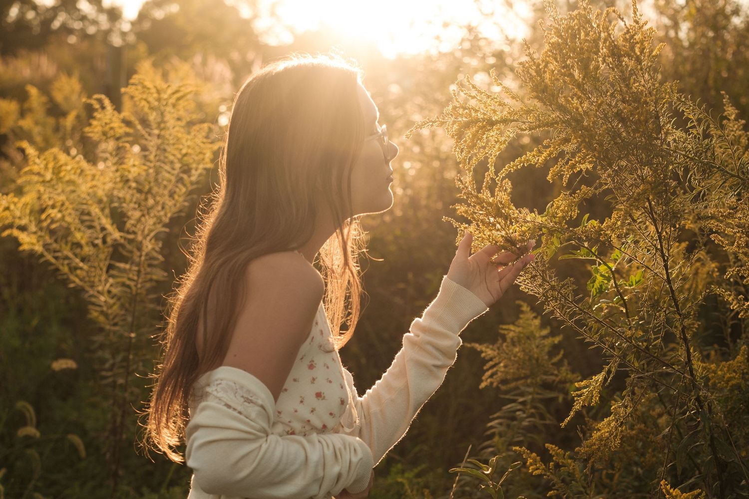 A young woman with long brown hair touches golden wildflowers in a sunlit field during a warm sunset.
