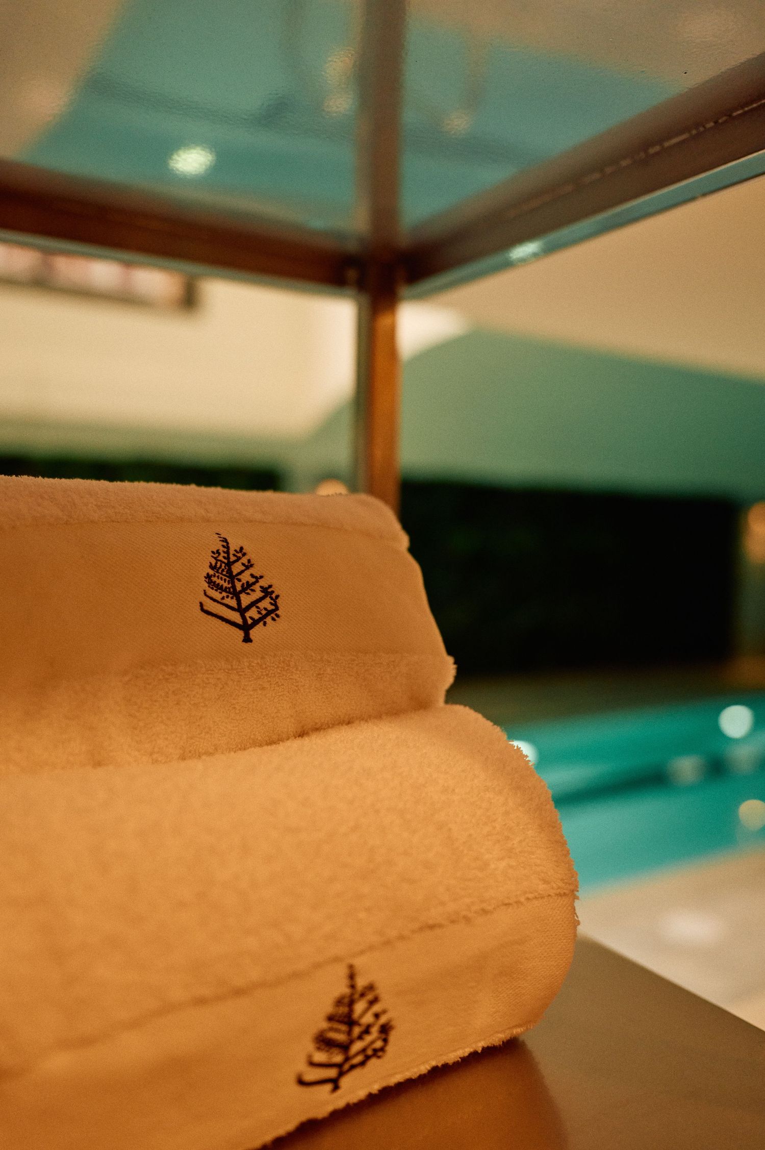 Closeup view of brown paper towels with leaf designs stamped in black ink on a blurred turquoise background.