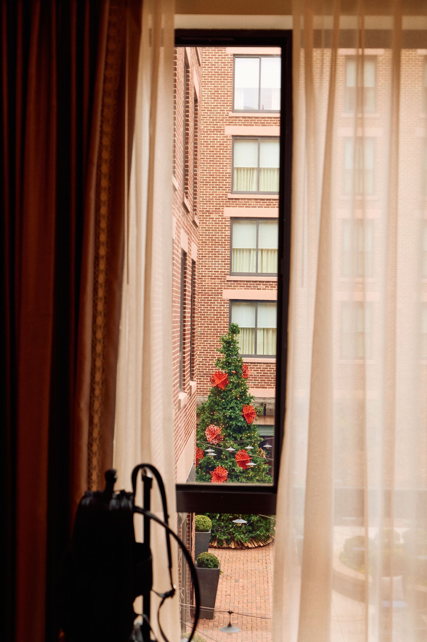 Sheer curtains frame a window with red flowers visible outside in a brick building.