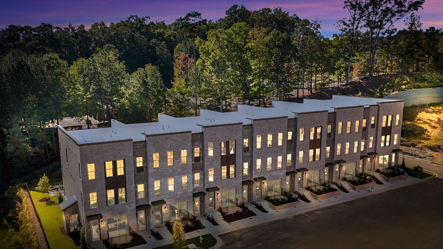 townhouse community aerial photography twilight