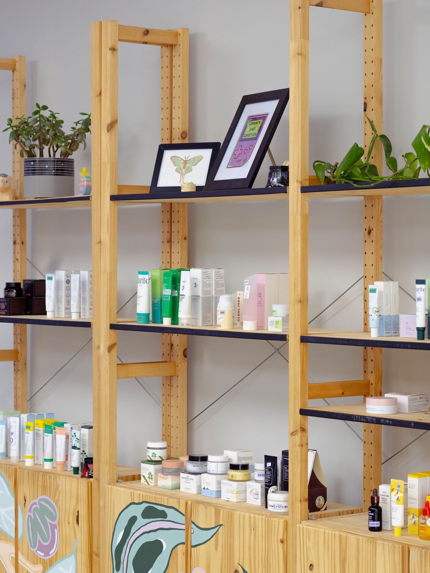 Skincare products, framed artwork and plants displayed on wooden retail shelves.