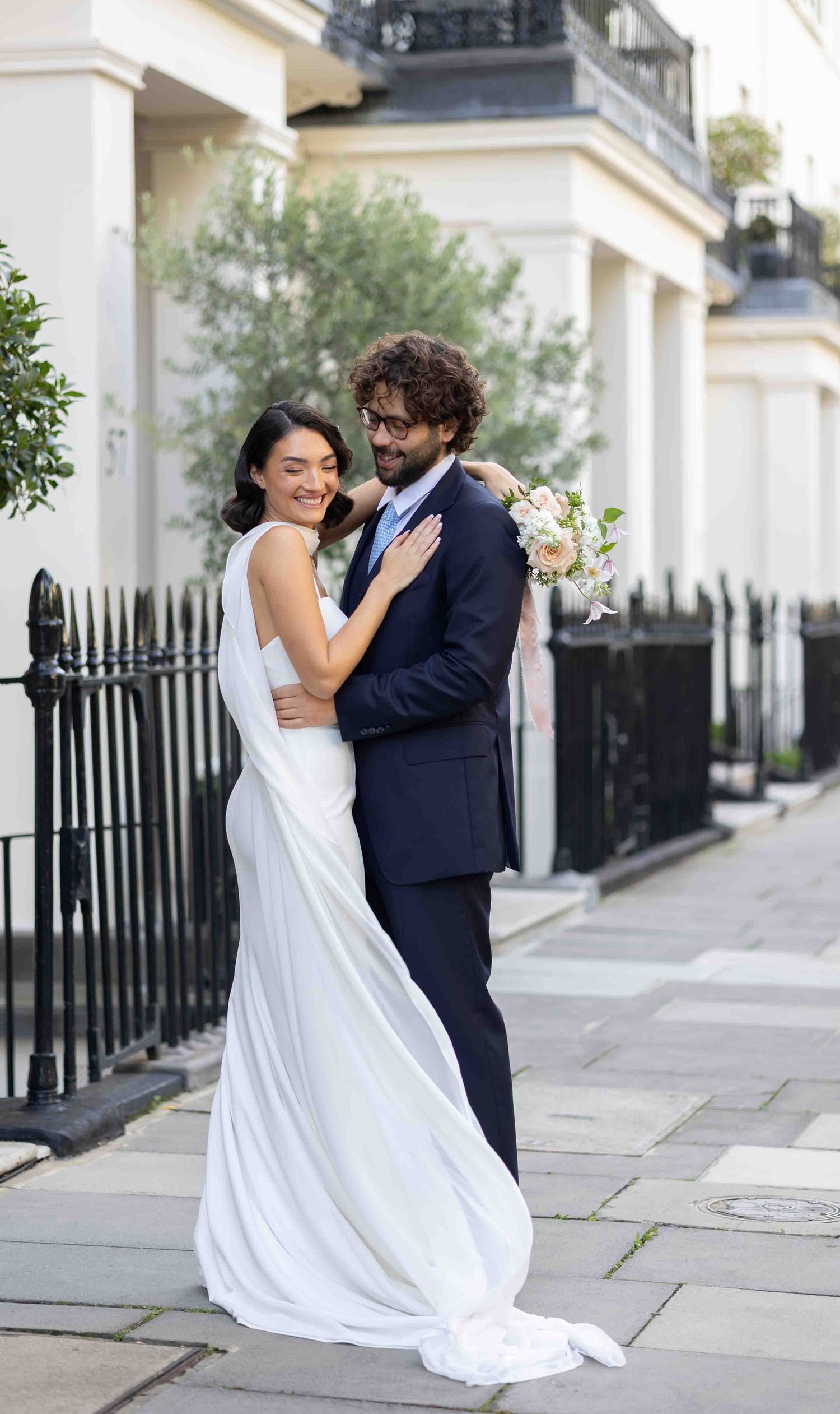 Intimate fine art portrait of a bride and groom in Belgravia, London — luxury wedding photography by Alba del Sol