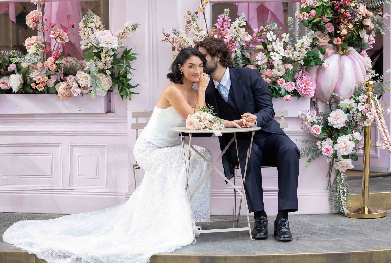 Luxury wedding portrait of a bride and groom at Peggy Porschen Café, Belgravia, London — fine art photography by Alba del Sol.