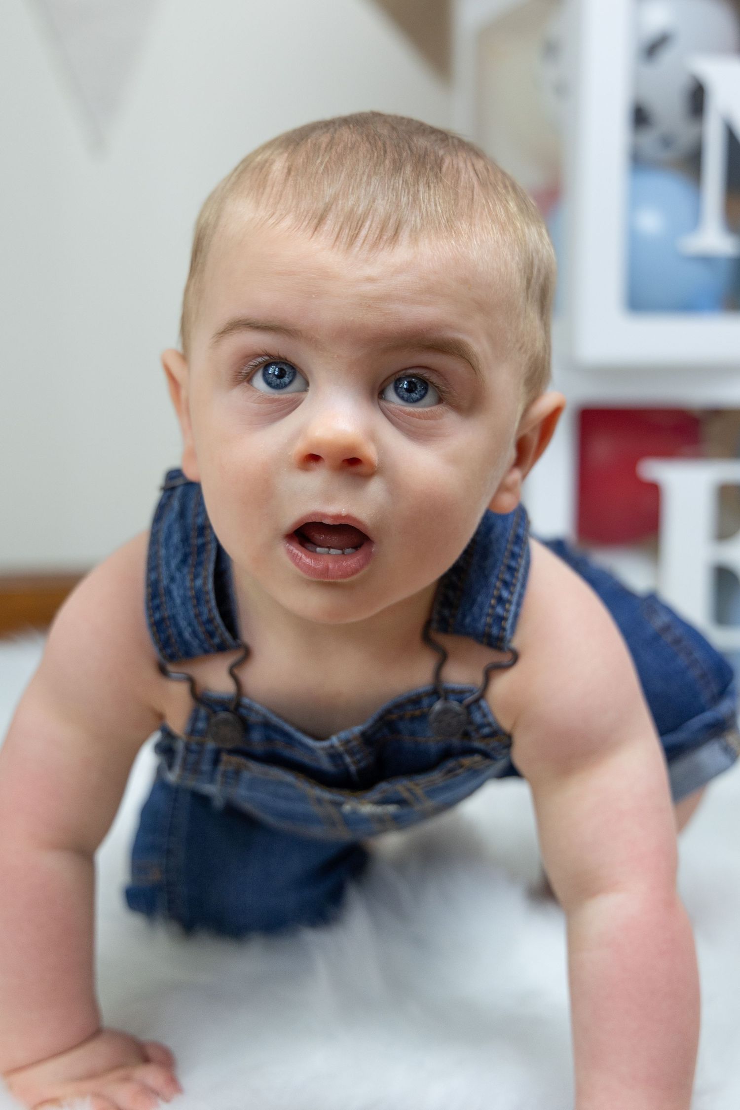 Portraiture of a one year old baby boy in blue jean overalls