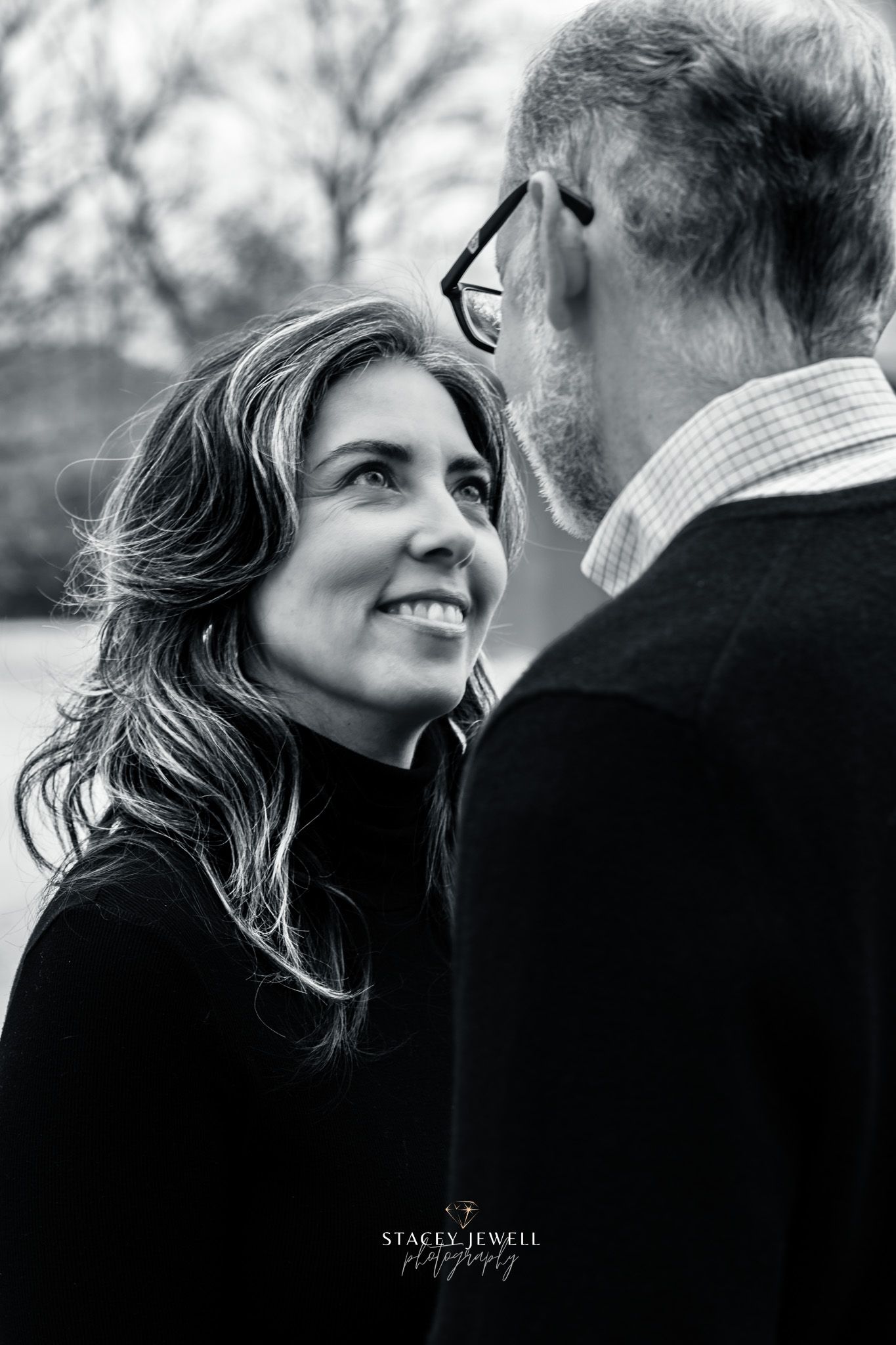 Man and woman looking at each other intensely and in love in black and white