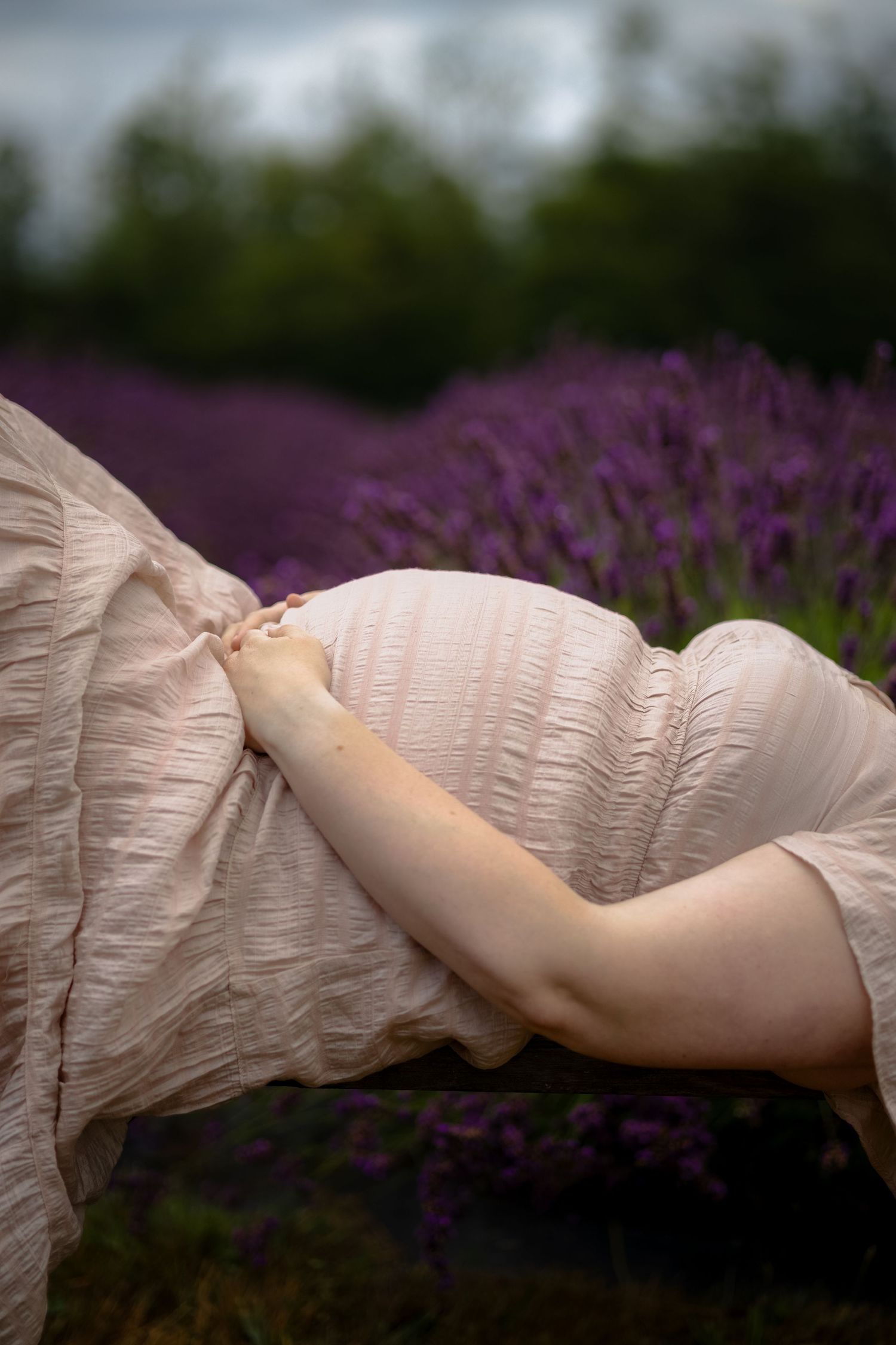 Maternity photos in a lavender field. Candid maternity photo. Moody. rows of lavender bushes in the background. dark skies.  detail shot