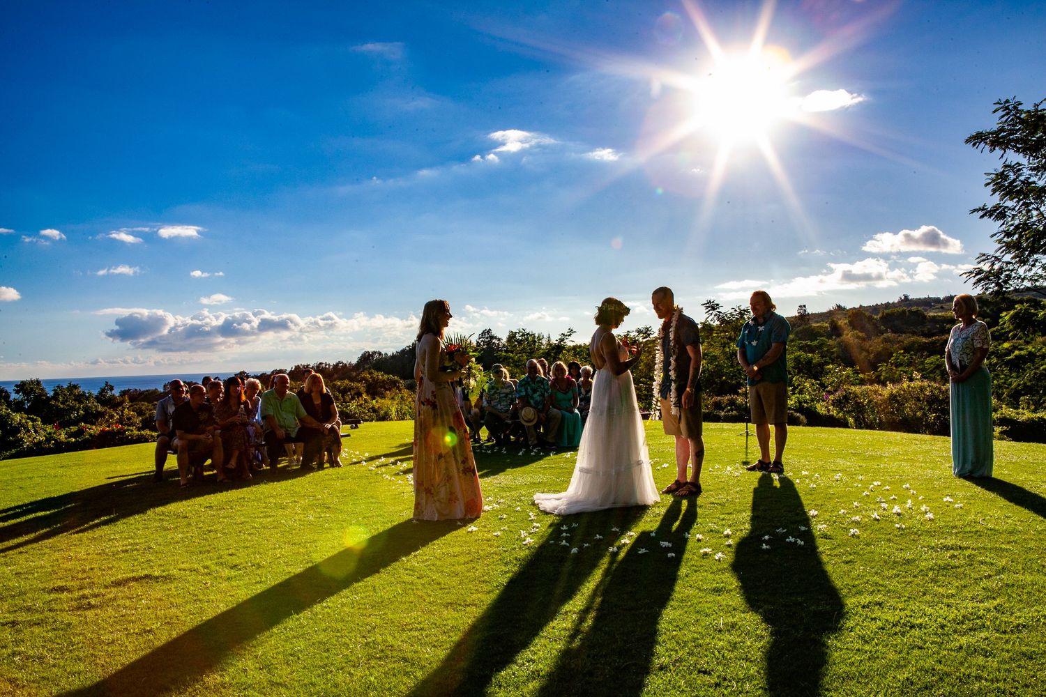 Silhouettes of wedding party against bright sunlight on hilltop during golden hour in Kauai.