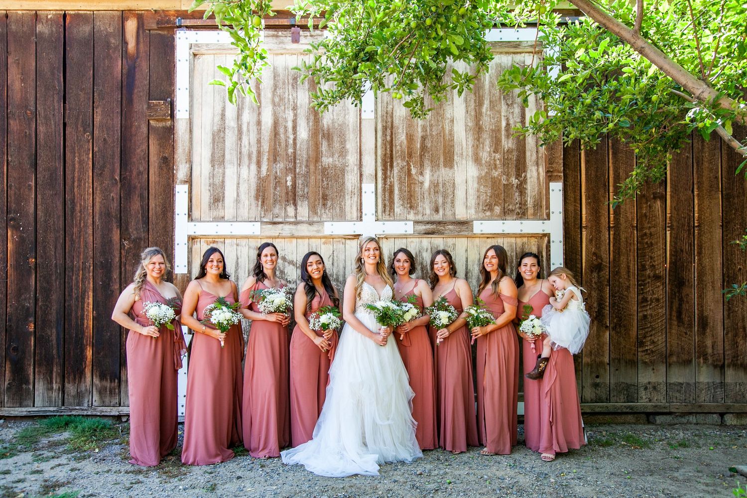 Bridal party in mauve dresses lines up for formal photos against wooden backdrop.