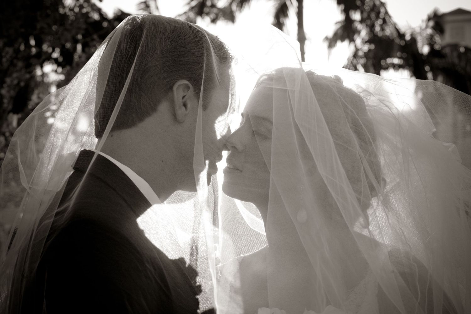 Close-up details of a couple shot through flowing white veil in soft natural lighting.