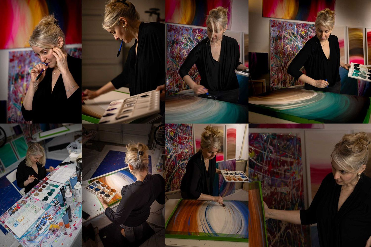 Brand photography of artist creating with session materials laid out on table with colorful supplies and creative tools.