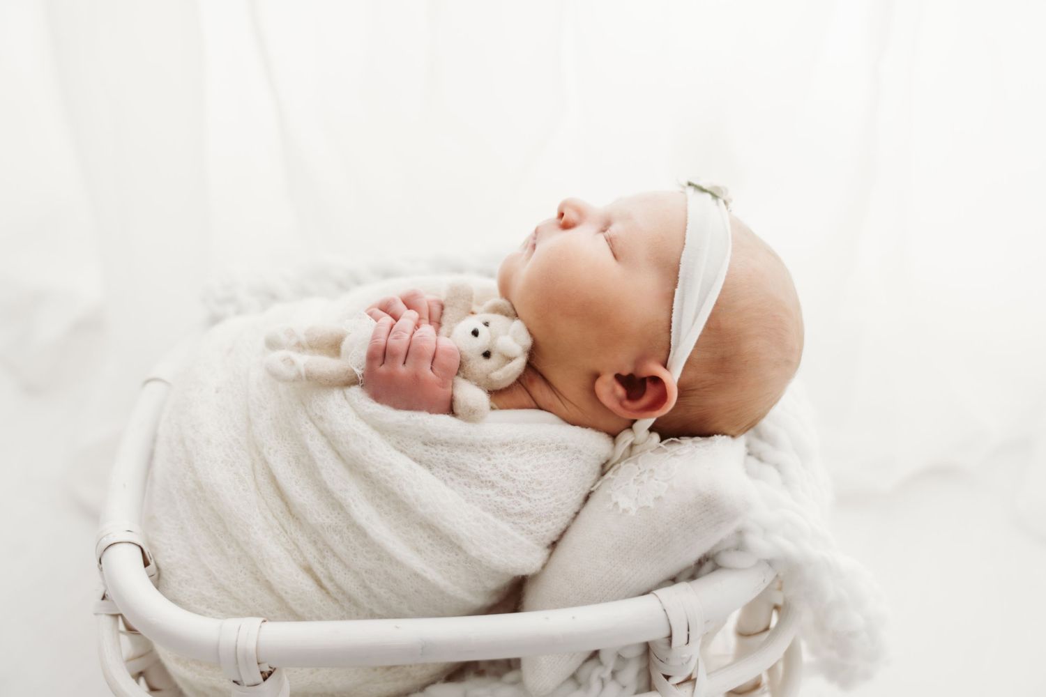 Sleeping newborn baby girl swaddled in white holding a small stuffed animal toy in a basket.