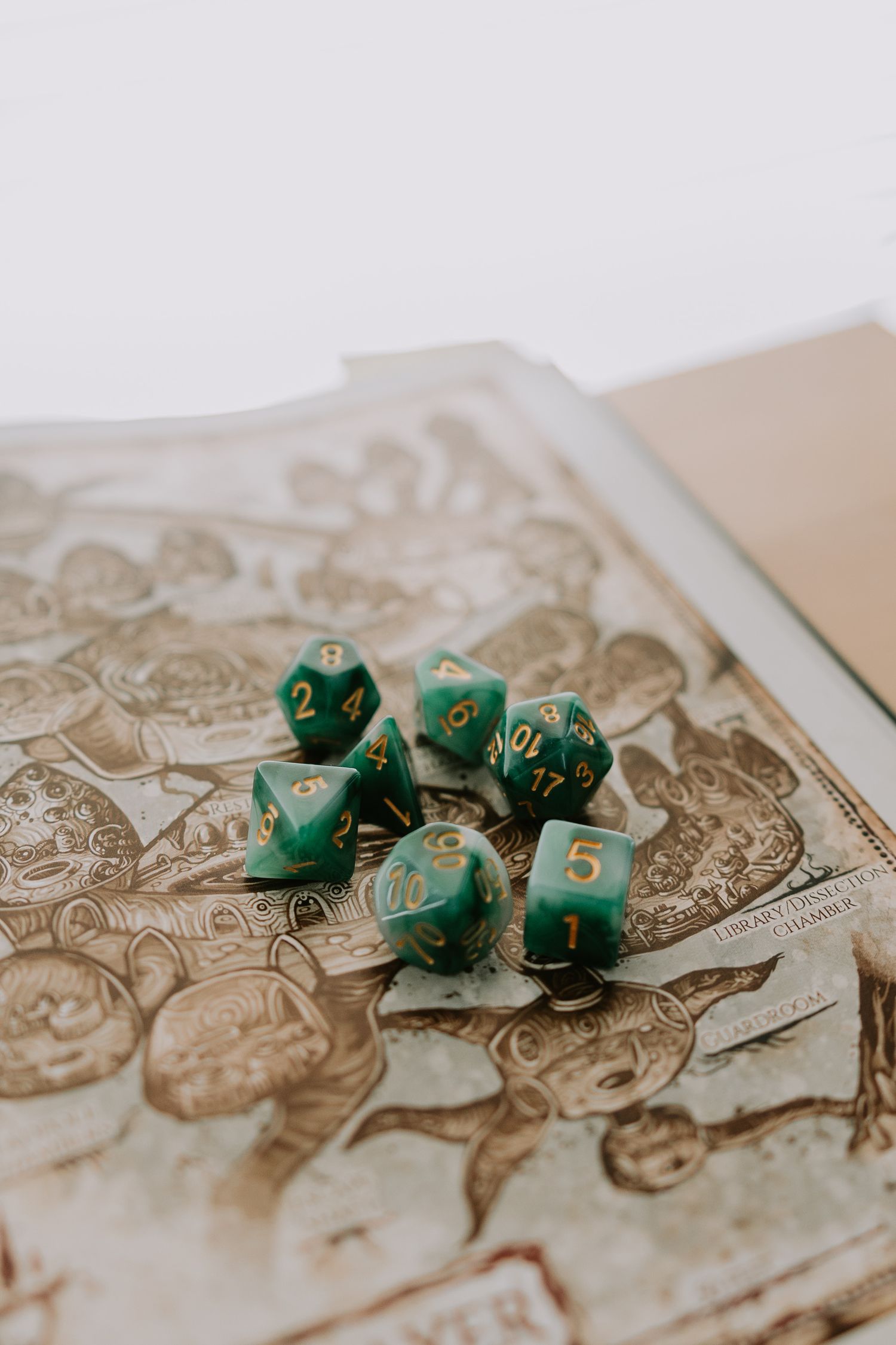 Green dice on D&D book page