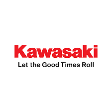 Kawasaki logo with slogan 'Let the Good Times Roll' on white background.
