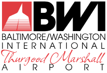 Logo for Baltimore/Washington International Thurgood Marshall Airport featuring red and black text and design elements.