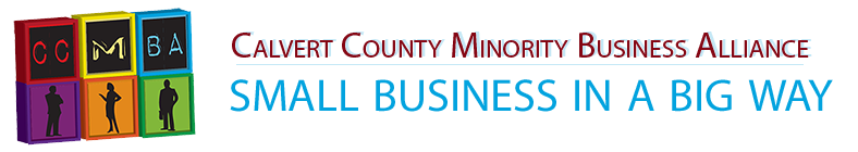 A colorful business alliance logo banner featuring silhouettes and text for Calvert County Minority Business Alliance.
