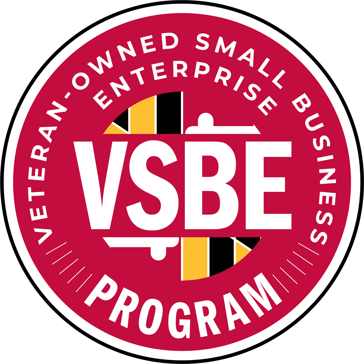 Red and gold Maryland state business certification badges arranged in a horizontal row.