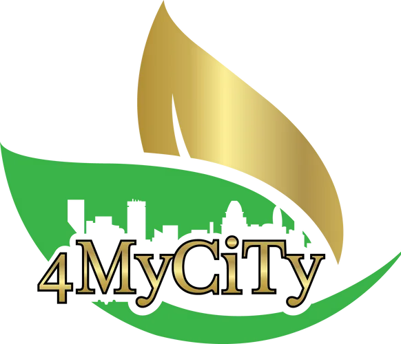 A stylized gold and green logo design featuring leaf shapes and text elements against a white background.
