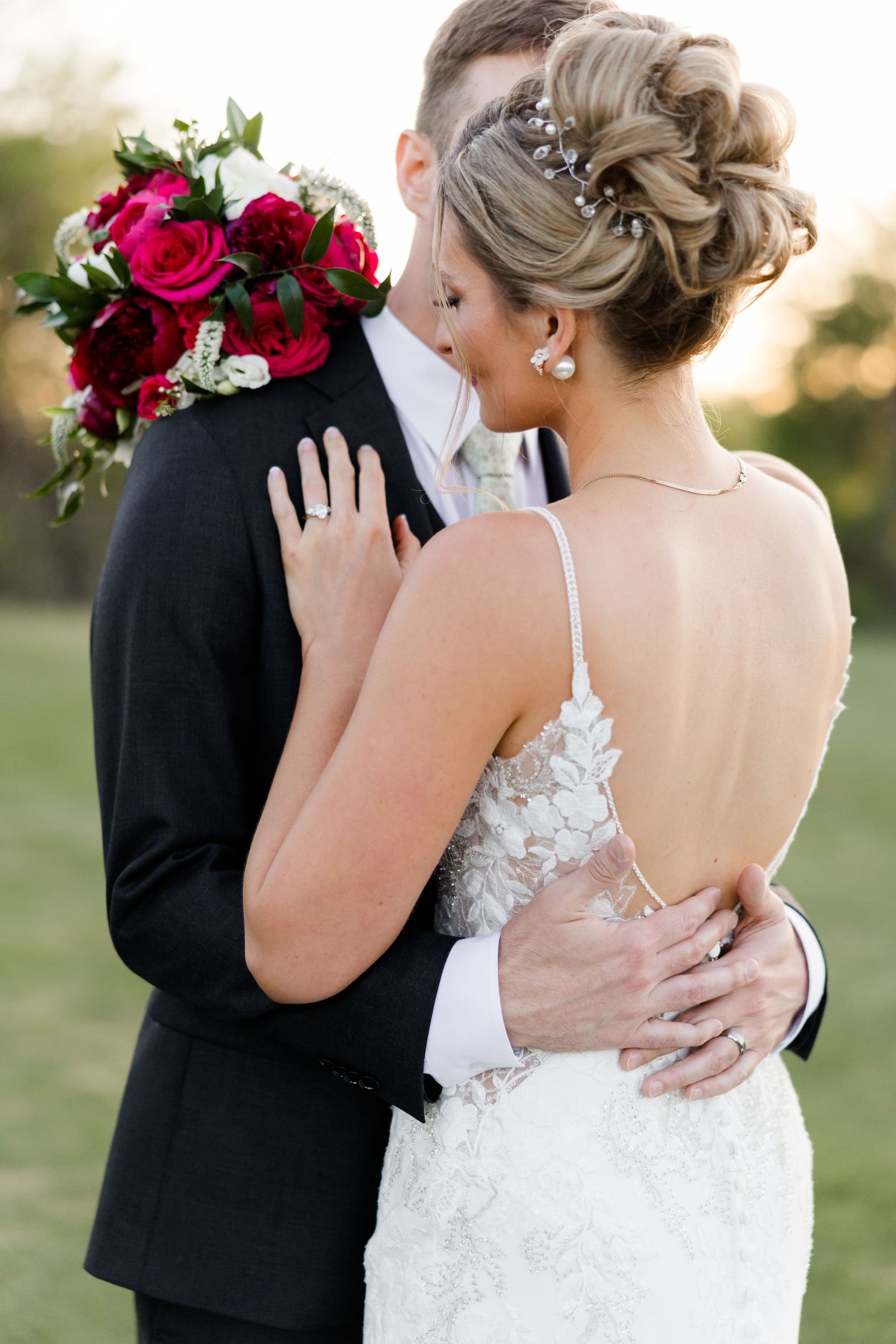 Series of romantic wedding photos showing couple embracing outdoors with red and white floral bouquet details.