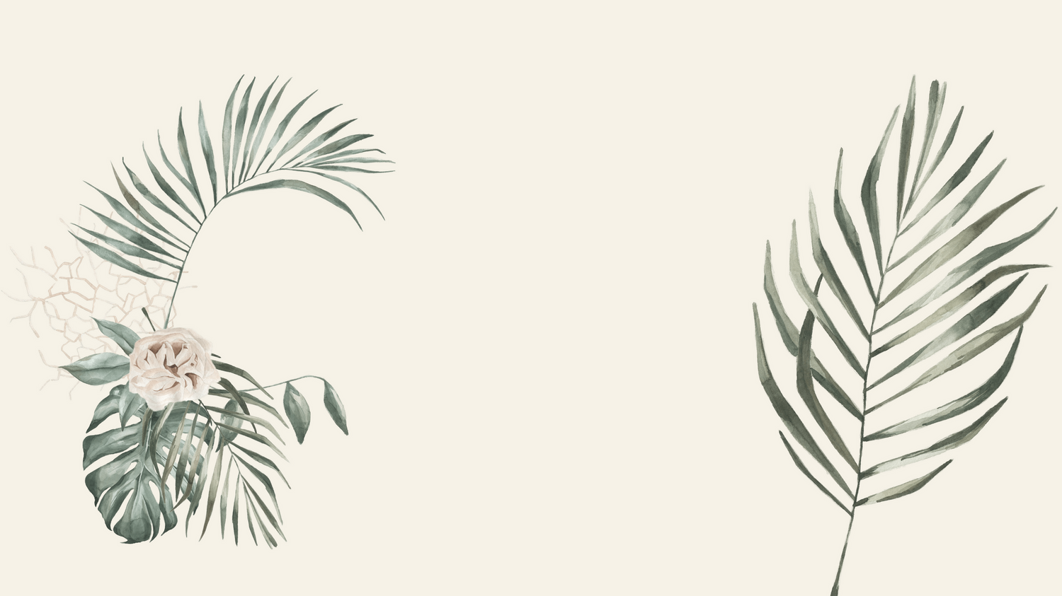 Tropical palm fronds and monstera leaf illustration in soft green tones on ivory background.