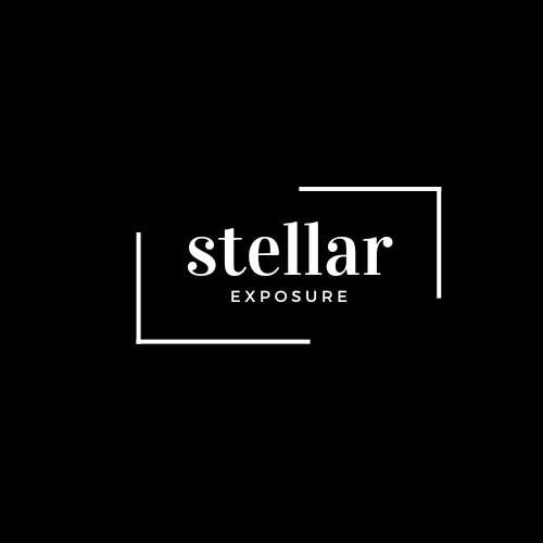 Stellar Exposure logo with elegant white serif typography on a black background, framed by a minimalist rectangular border.