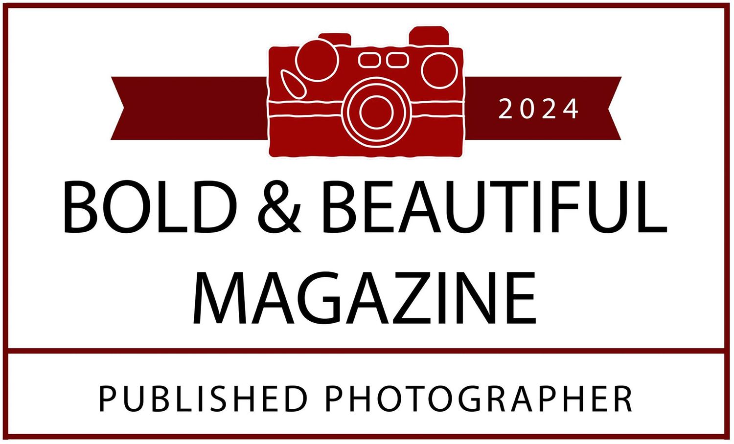 Bold and Beautiful Magazine published photographer logo with red banner and camera icon for 2024.