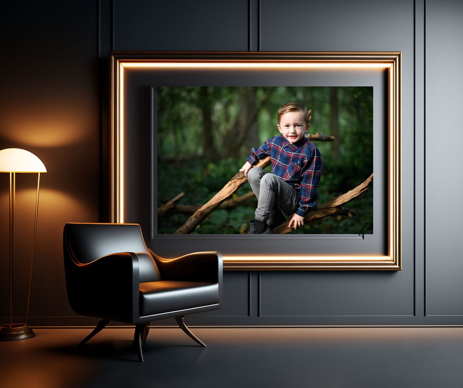 Large framed portrait on dark wall with modern chair and lamp creating dramatic ambiance.