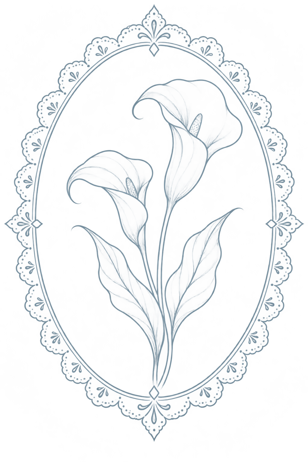 Elegant oval lace frame with delicate calla lily flowers illustration in soft blue tones.
