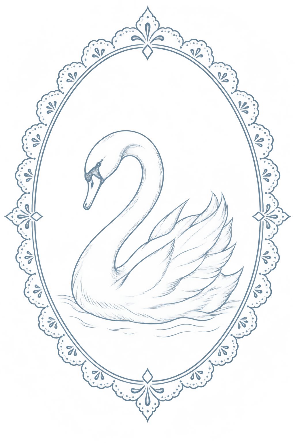 Elegant blue line art drawing of a graceful swan inside an ornate oval lace frame on white background.
