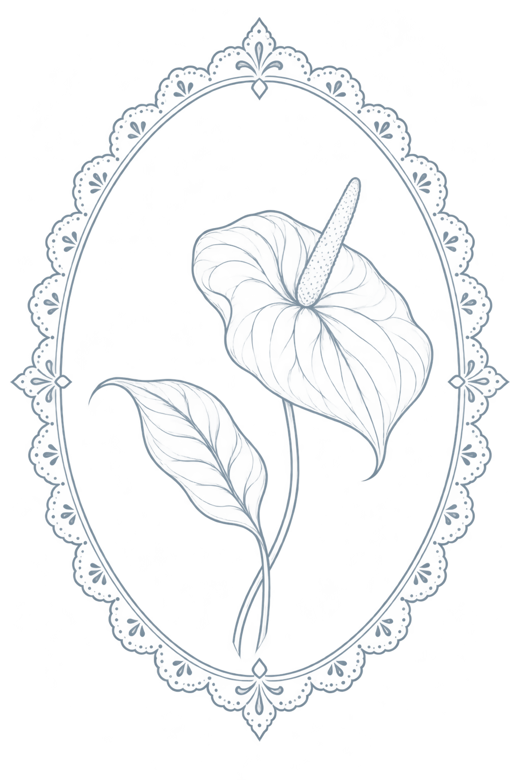 Elegant blue line art anthurium flower in ornate oval lace frame, vintage botanical illustration style.