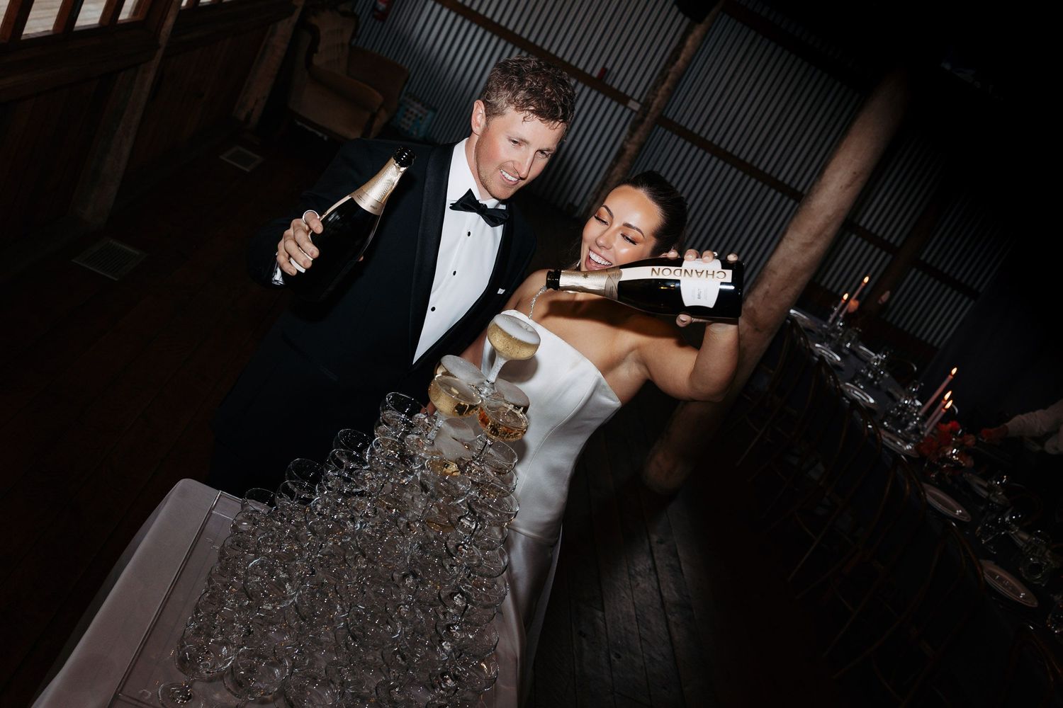 A wedding party photo sequence shows jumping guests and couples dancing at an elegant indoor reception.