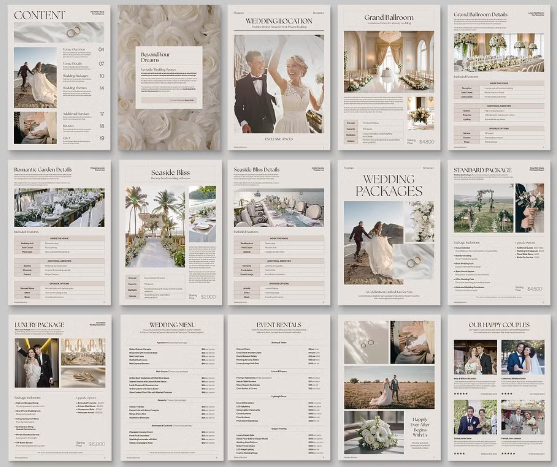 A collection of neutral-toned wedding photography pricing guide template pages displayed in a grid layout.