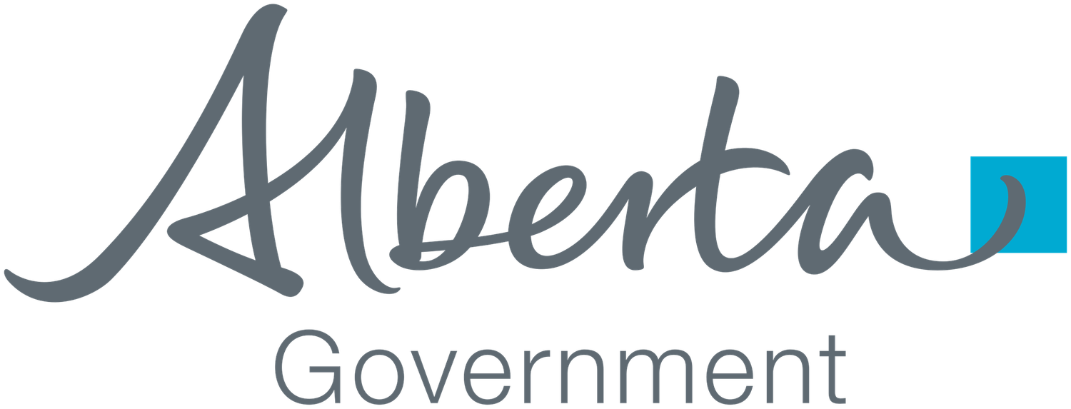 Logo for the Alberta Government featuring stylized 'Alberta' text and a blue square symbol.