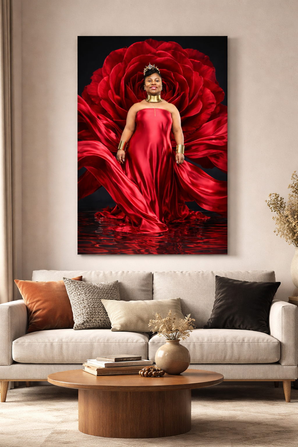 A dramatic artwork of a figure in a flowing red dress against a black background with a rose-like design hangs above a modern sofa.